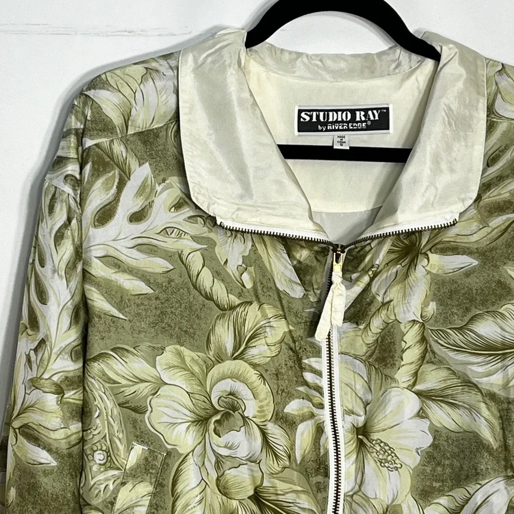 Studio Ray River Edge Womens Small Silk Bomber Jacket Green Floral‎ Tropical Zip